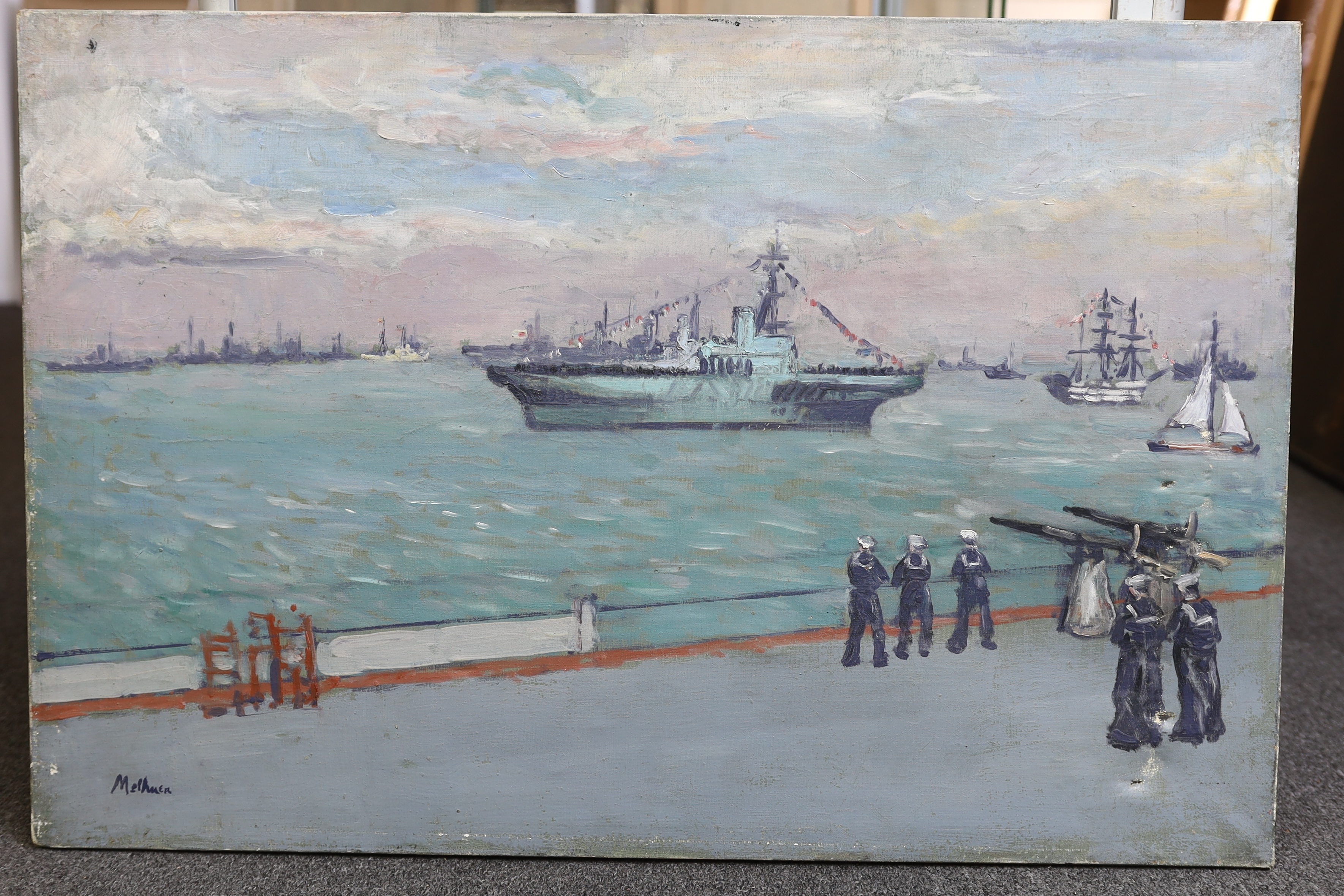Lord Methuen (English, 1886-1974), Spithead Review 'The Surprise' with HM The Queen on board, coming into view before inspecting line of aircraft carriers', oil on canvas, 51 x 76cm